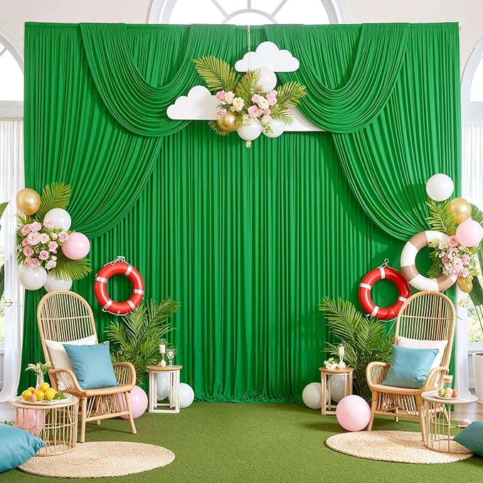 10ftx10ft Wrinkle Free Green Backdrop Curtains for Parties, Silky Polyester Photo Backdrop Drapes 2 Panels 5x10ft Back Drop Cloth for Wedding Birthday Baby Shower Photography Background