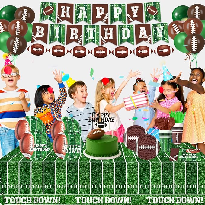 Football Birthday Party Decorations Includes Plates, Napkins, Cups, Banner, Balloons, Touchdown Tablecloth for Football Birthday & Tailgate Party Decorations, Serves 24
