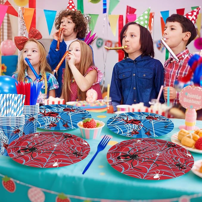168PCS Spider Birthday Party Supplies for Boys Cartoon Spider Web Themed Party Decorations Blue and Red Paper Plates Disposable for Dinner Baby Shower Tableware 24 Guests