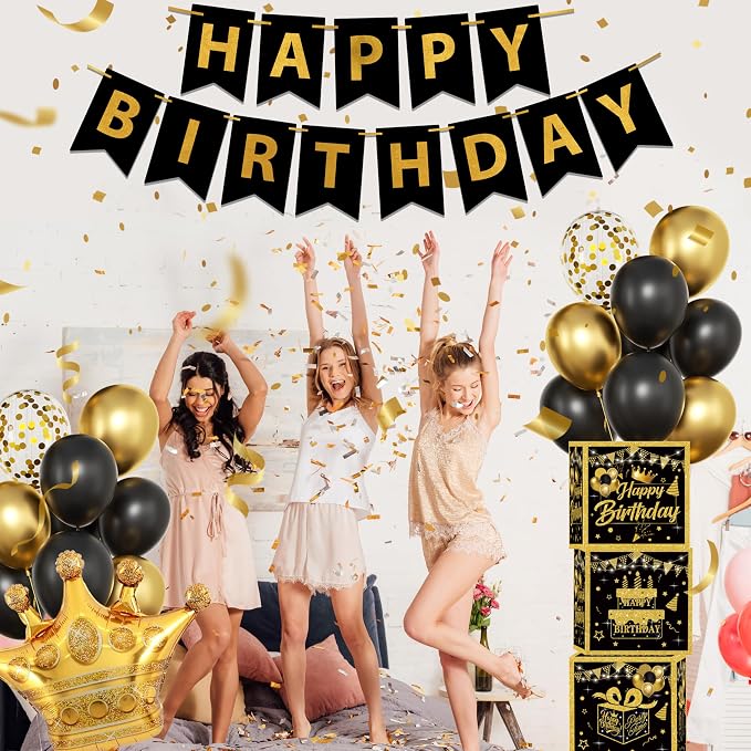 Gold Birthday Party Decorations Kit for Men,3pcs birthday Decorations for Men boys black and gold Balloon Boxes Birthday Party Favors