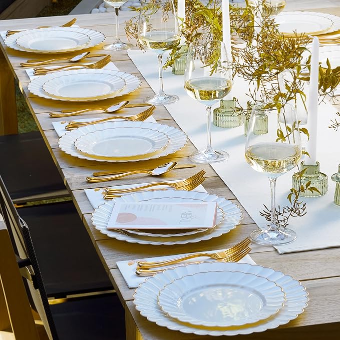 By Madee HEAVYWEIGHT 100 Pc Scalloped Ivory & Gold Plastic Plates for Party | 50 Dinner & 50 Dessert Nice Disposable Heavy Duty Plates | Elegant & Fancy | Wedding, Baby Shower, Bridal Shower 50 Guests