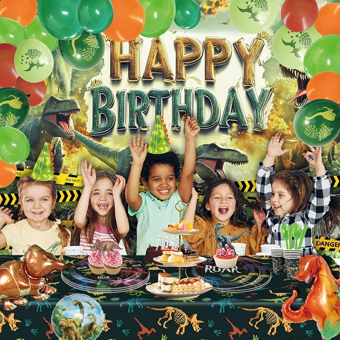 Party Spot!149 pcs Dinosaur Birthday Decorations, 12 Tableware Sets, Balloon Garland, Backdrop, Hanging Swirls, Dinosaur Birthday Party Decorations for kids