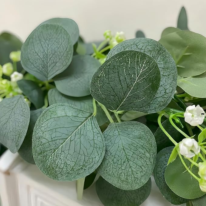 Artificial Eucalyptus Garland 4 Pack, Faux Eucalyptus Greenery Garland 6 ft, Realistic Eucalyptus Vine with Flowers for Wedding Table Centerpiece Mantel Fireplace Indoor Outdoor Decor