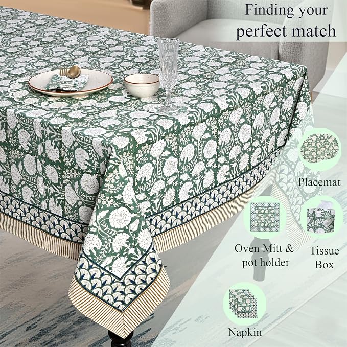 Ridhi Turquoise Moss Green Hand Block Print Cotton Rectangle Tablecloth 160" x 72" inches Reusable Table Cover Decorative Everyday Use for Dining Room, Farmhouse, Home Gift for Spring, Mother's Day