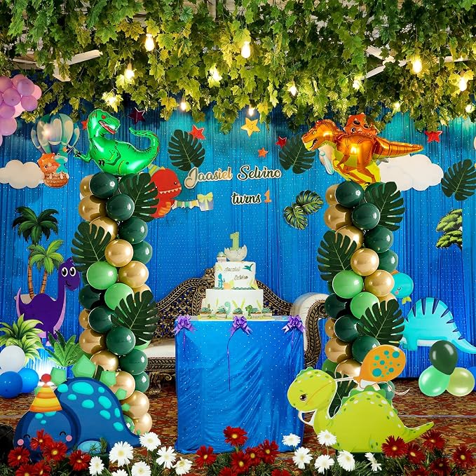 2 Sets Dinosaur Balloon Column Stand Kits Adjustable Green Gold Balloons Column Kit with Monstera Jungle Dinosaur Themed Tower Stand Kit for Dinosaurs Birthday Kids Baby Shower Party Supplies