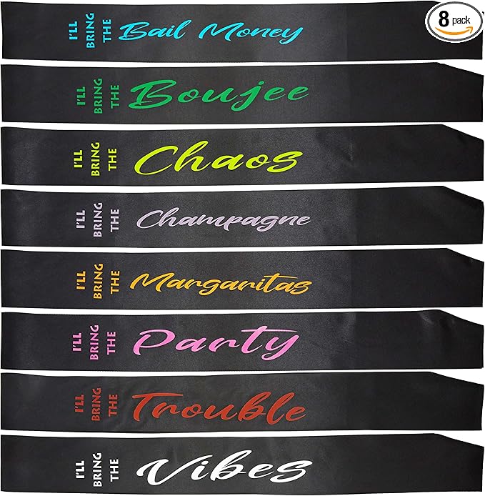 Funky Junque Bachelorette Party Sashes Set of 8 Funny Satin Bridal Party Sashes with Fun Sayings - 8 - I'll Bring the (Chaos Pack)