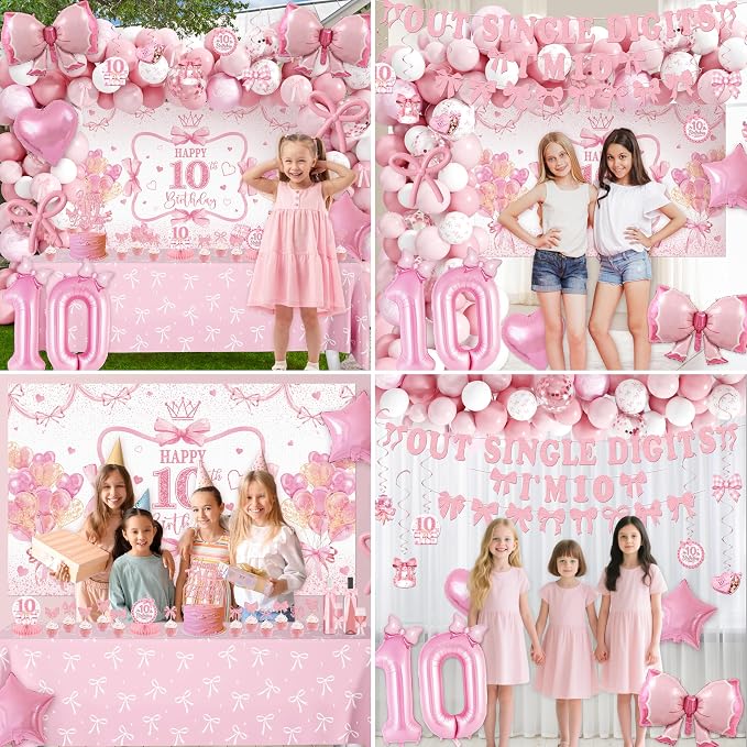 10th Birthday Decorations for Girl, Pink Bow Themed Party Supplies Includes "I'm 10" Banner, Backdrop Hanging Swirls, Centerpieces Number 10 Balloon & Mini Bow Balloons for Double Digits Birthday Girl