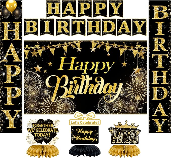 Black and Gold Birthday Decorations Kit for Men and Women, Happy Birthday Banner, Backdrop, Porch Sign, 6 Pcs Honeycomb Centerpieces, 6Pcs Hanging Swirls, Party Supplies (Black Gold For All Ages)