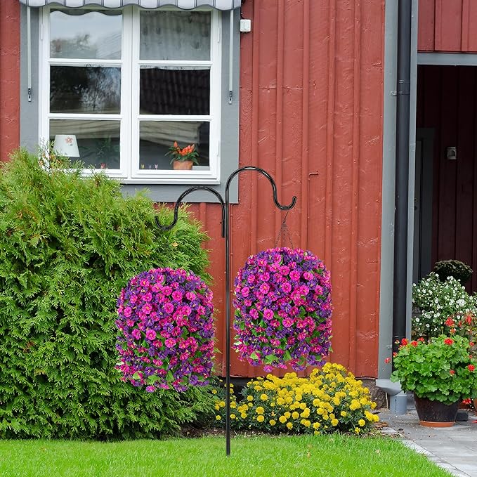 Ammyoo Artificial Fake Hanging Flowers Basket for Spring Decor, Faux Silk Flower in Planter for Summer, Outdoor Artificial Floral for Home Porch Yard(Purple-red Deep Purple)