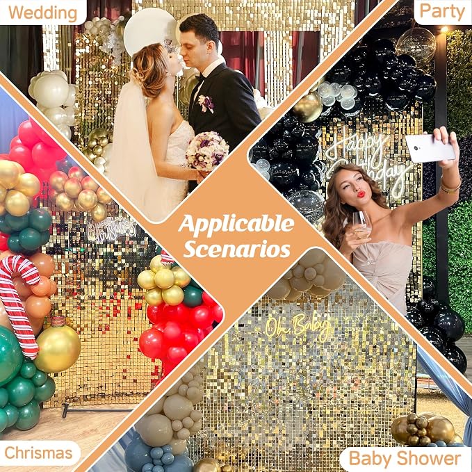 Light Gold Shimmer Wall Backdrop,Shiny Sequins,12Pcs Sequins Backdrop Panels, Glitter Bling Photo Background for Birthday Party Wedding Engagement Anniversary Graduation (Each 1FT², Total 12FT²)