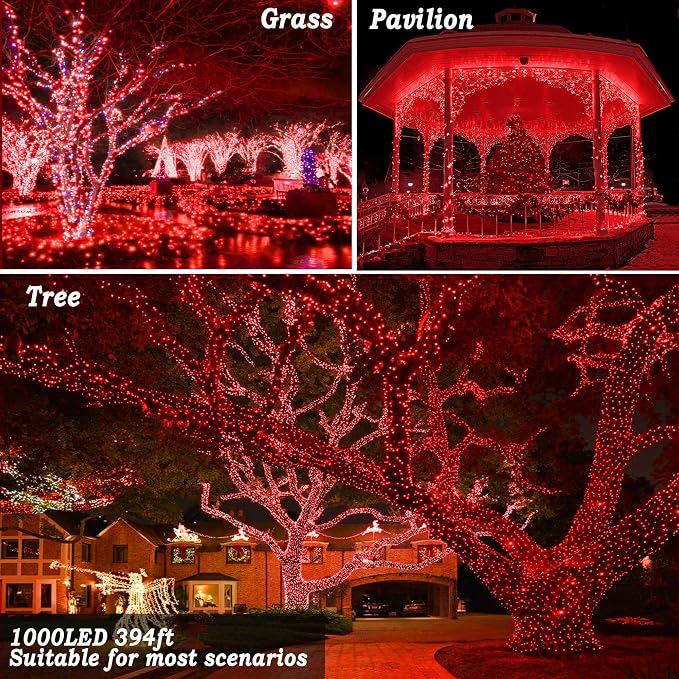 KNONEW 403ft 1000 LED String Lights Outdoor Christmas Lights 8 Modes & Timer Fairy Light Plug in Waterproof LED String Lights for Xmas Yard Tree Wedding Party Holiday Decorations (Red)