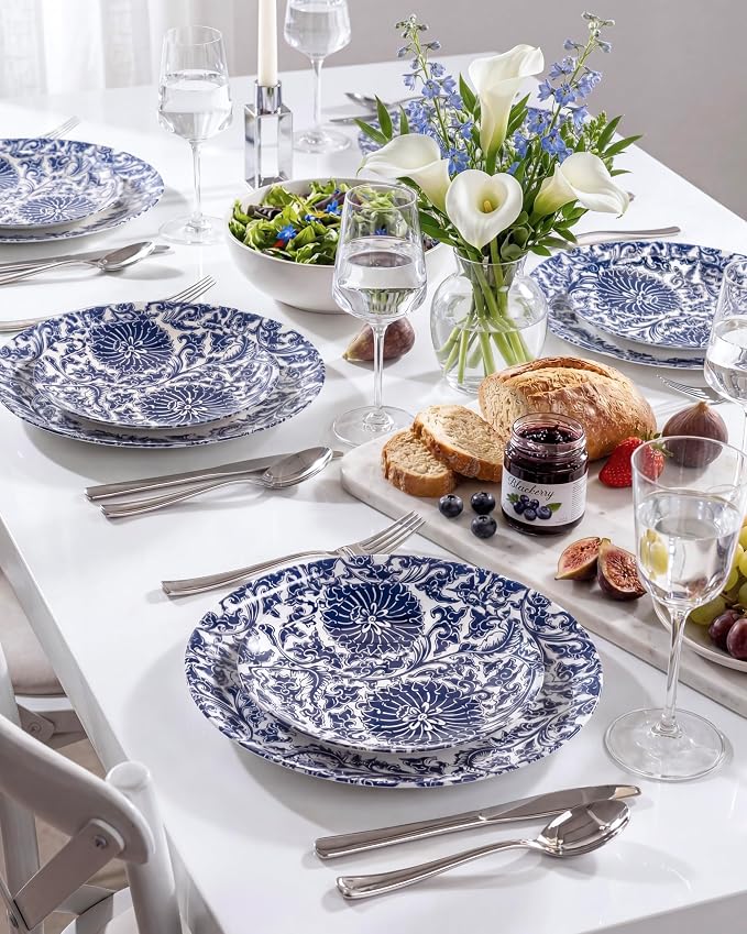 Hioasis 60pcs Plastic Disposable Plates Set - Blue Dandelion & Blue Leaf Pattern, 10.25 Dinner & 7.5 Dessert Plates for Wedding,Anniversary,Party and Holiday