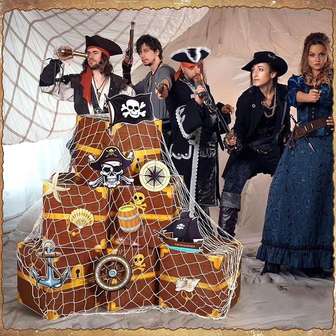 17 Pcs Pirate Party Decorations Set Cardboard Pirate Treasure Chest Box Stickers with Fish Net for Western Cowboy Birthday Party Trunk or Treat Supplies