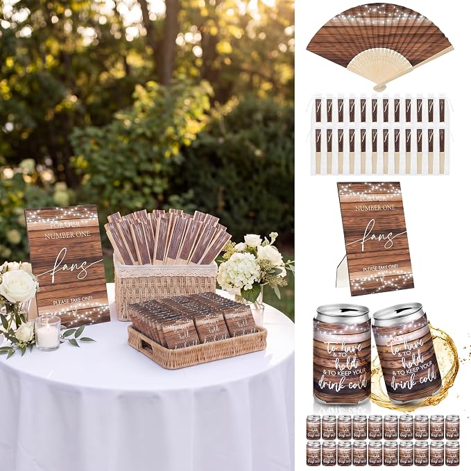 Hoteam 25 Sets Rustic Wedding Favors for Guests Bulk Including Brown Can Cooler and Paper Folding Fans with Wedding Decor Table Sign Cheers to Love for Bridal Shower Party Souvenir