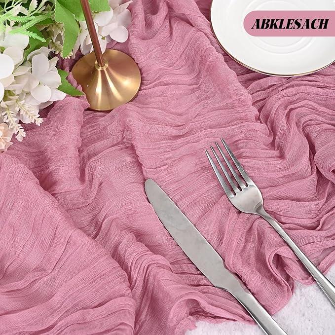 12 Pack Dusty Rose Cheesecloth Table Runner 120 inch Fall Thanksgiving Boho Rustic Gauze Farmhouse 10FT Cheese Cloth Runner for Baby Shower Wedding Party Holiday Home Decor