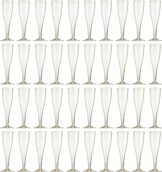 Munfix 100 Plastic Champagne Flutes - 5 Oz Disposable Gold Glitter Champagne Glasses for Parties, Mimosa Bar, Events, Wedding and Shower Party Supplies - Toasting Cocktail Cups