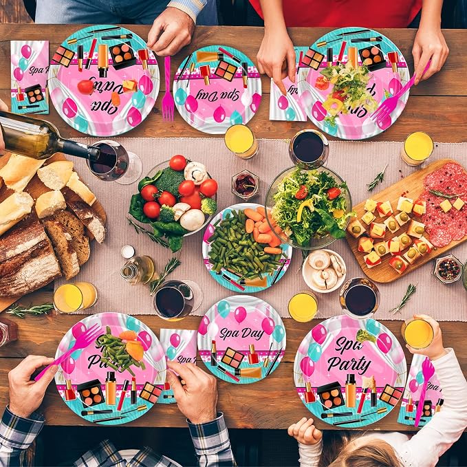 Kepeel 96 Pcs Spa Party Plates and Napkins Set, Spa Day Makeup Party Supplies Decorations for Girls Kids Princess Sweet Pink Make up Theme Birthday Party Tableware Kit, Serves 24