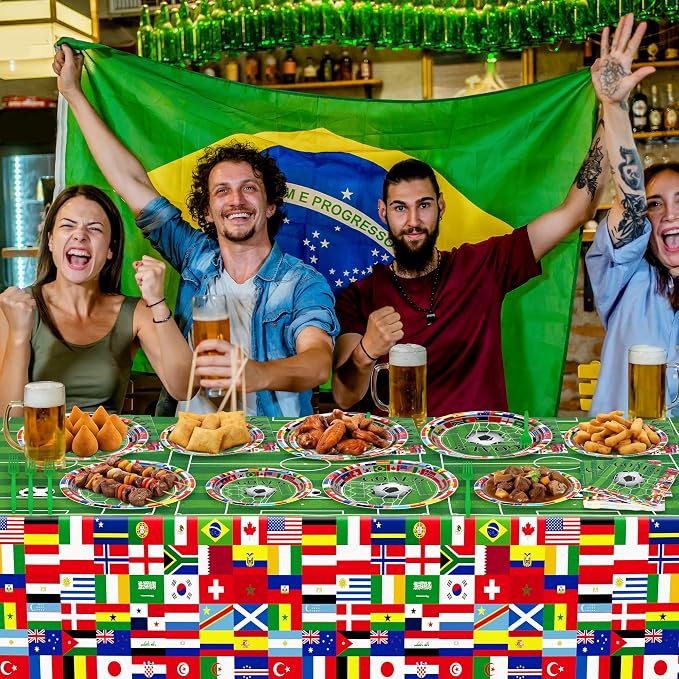 QZYL 122 Pcs 2026 World Soccer Party Decorations, Soccer Party Supplies Serve 30, Disposable Plates Napkins Tablecloth Forks, International World Flags Tableware Set for Sports Game Birthday Event