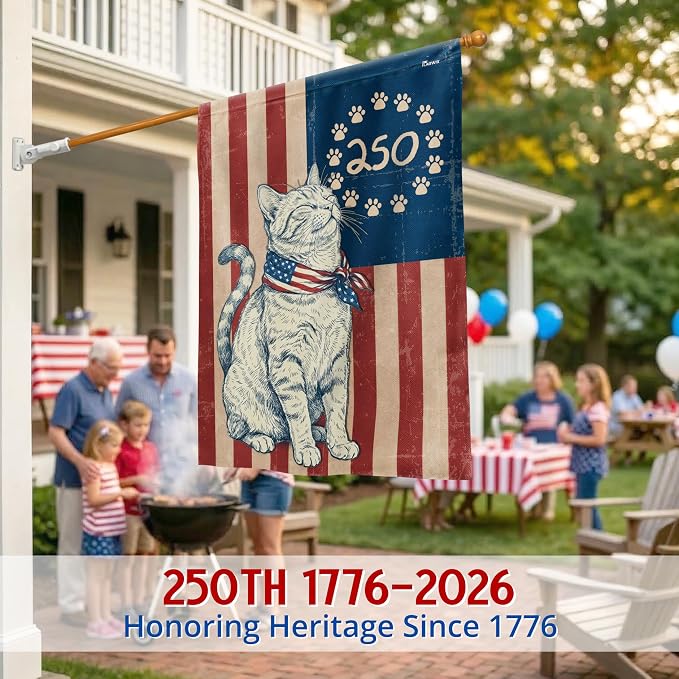 FLAGWIX 250 Years Anniversary Cat Flag - Polyester Double-sided Yard Flags For Outside House Flag (29.5" x 39.5") - 4th of July Decorations for Home Yard Garden Decor Banner, Gifts For Men Women