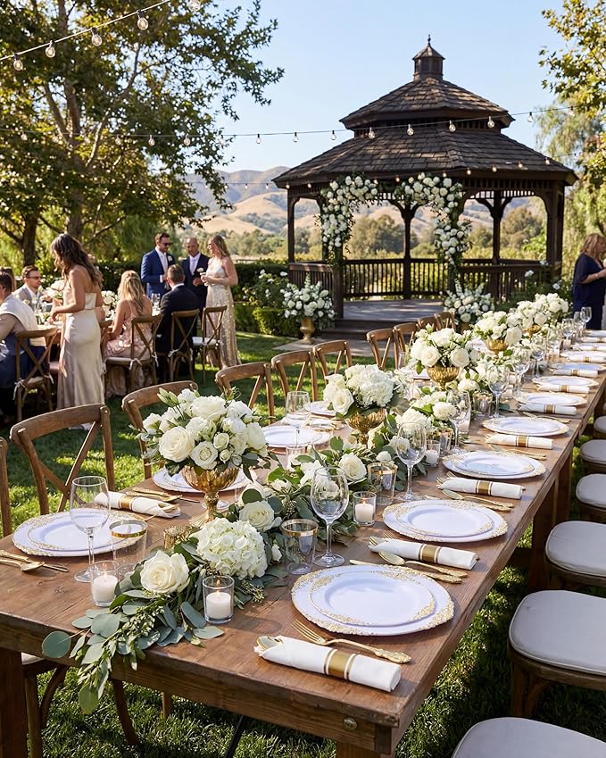 Nervure 700PCS Gold Plastic Plates - Gold Plastic Dinnerware Sets for 100 Guests - 200 Disposable Plates, 300 Silverware, 100 Cups, 100 Napkins for Wedding & Party & Mothers Day