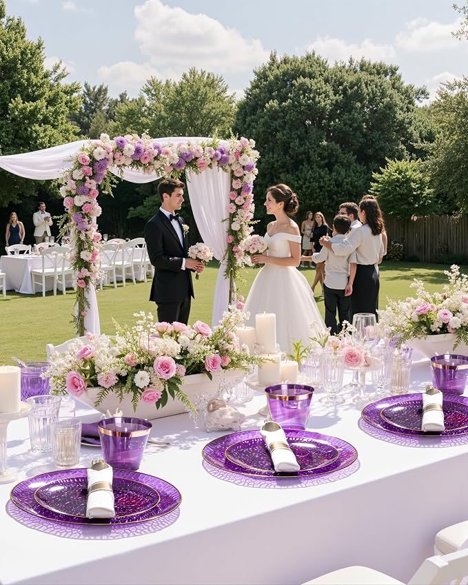 Hioasis 60pcs Purple Plastic Plates - Gold Rimmed Disposable, Hammered, Heavy-duty Dinnerware Set Suitable for 30 Guests, 10.25" Dinner & 7.5" Dessert Plates for Party & Wedding