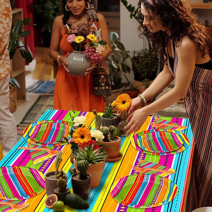 122 Pcs Cinco De Mayo Napkins and Plates, Disposable Dinnerware Fiesta Paper Plates and Napkins Sets for 30 Guests, Colorful Plastic Fork Mexican Stripes Tablecloth for Taco Birthday Party Favors