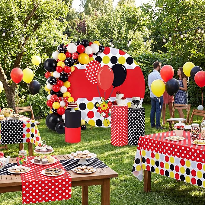 146 Pcs Cartoon Mouse Arch Backdrop Cover Cylinder Stand Covers balloons set for party Photo Props 7.2 feet Polka Round Backdrop Covers for Birthday Baby Shower Ceremony Party Decor