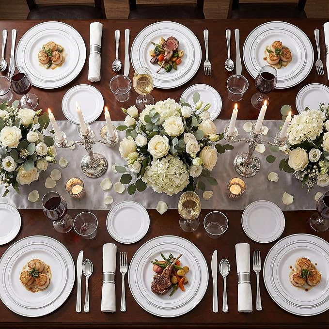 WELLIFE 350Pcs Silver Plastic Plates for 50 Guests - Disposable Dinnerware Set, Party Supplies Includes 100 Silver plates,150 Silverware,50 Napkins,50 Cups, Plastic Plates for Party and Wedding