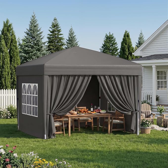 10x10 Pop Up Canopy with Sidewalls, Instant Tent with Carry Bag, Height Adjustable Waterproof Shade Canopy, for Event, Parties, Camping (Grey, 10x10 with Sidewalls)