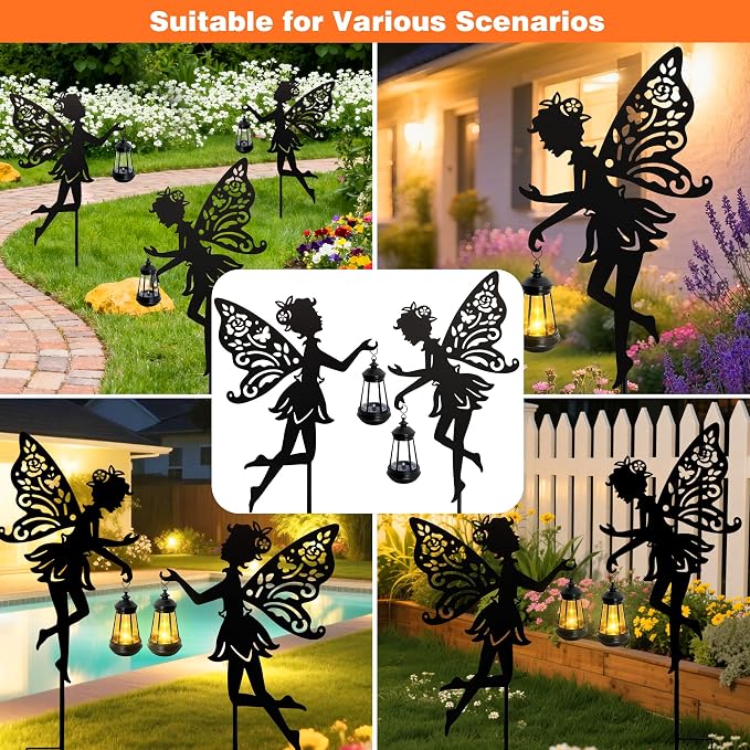 Solar Fairy Garden Lights Outdoor, 2 Pack Hanging Lantern Fairy Stakes with LED Warm Glow, Waterproof Metal Silhouette Yard Decor for Patio Lawn Pathway, Garden Gifts for Women Mom