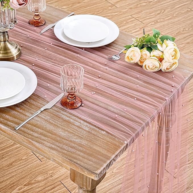LuoluoHouse Pearl Table Runner Wedding Decor: 10ft Pearl Table Cloth 29x120 Inch Tulle Chiffon Fabric for Decortions Birthday Party Dining Table Cover (Dusty Pink,3pcs)
