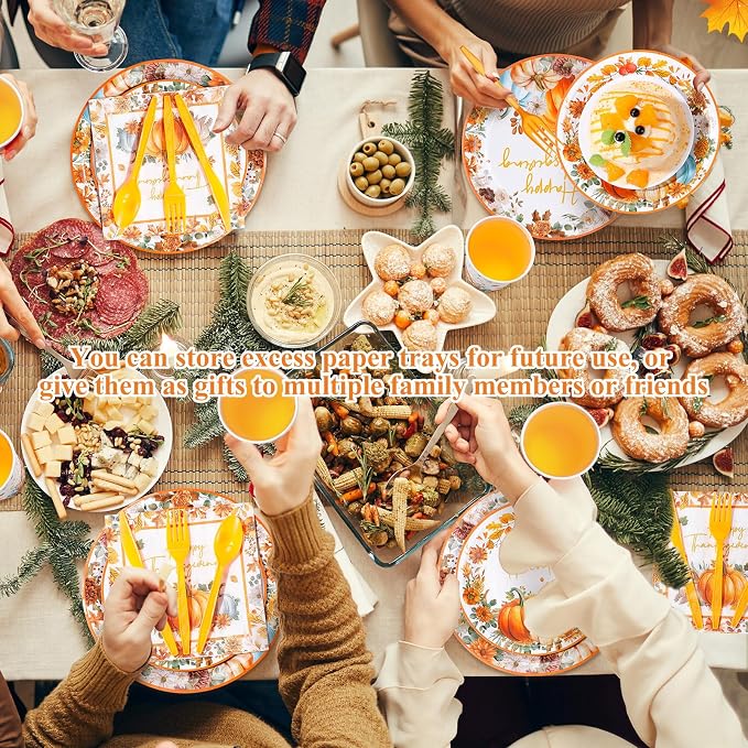 Funnymoom Thanksgiving Party Supplies for 50 Guests Pumpkin Autumn Disposable Plates Napkins Cups Spoons Forks Knives for Fall Harvest Give Thanks Party Decoration
