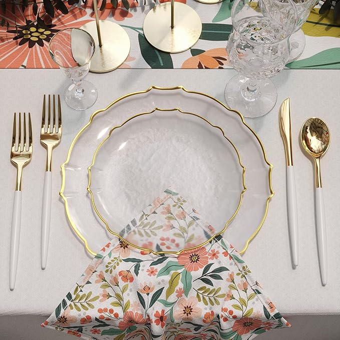 Exquisite Tinted Plates 40 Piece Plastic Disposable Plates for Party Set For 20 Guests 20 X 7.5 Dessert Plates & 20 X 10 Thin Delicate Fancy Plastic Plates Disposable Dinnerware Clear Gold Rim