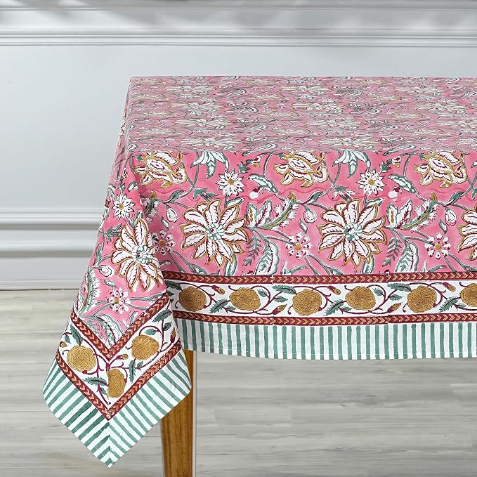 Ridhi Candy Pink Hand Block Print Cotton Rectangle Tablecloth 190" x 72" inches Reusable Table Cover Decorative Everyday Use for Dining Room, Farmhouse, Home Gift for Spring, Mother's Day