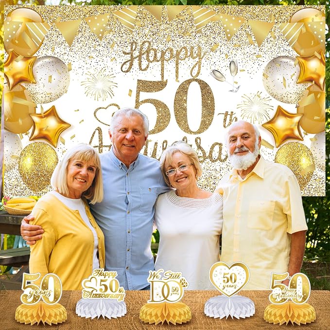 50th Golden Wedding Anniversary Decorations - White Gold Happy Anniversary Banner Backdrop Centerpiece Hanging Swirls Pom Poms