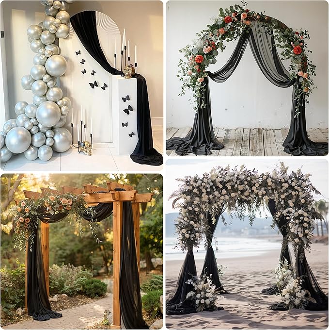 Wedding Arch Draping Fabric 1 Panel 28.7" x 20FT Black Sheer Chiffon Backdrop Drapes for Wedding Ceremony Birthday Party Bridal Shower Outdoor Decoration