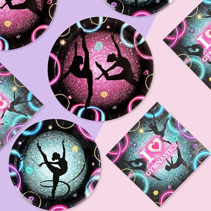 Grencian 96Pcs Gymnastics Birthday Party Supplies Gymnastics Party Plates Disposable Paper Gymnastic Tableware Set for Girls Birthday Baby Shower Decorations, Serves 24