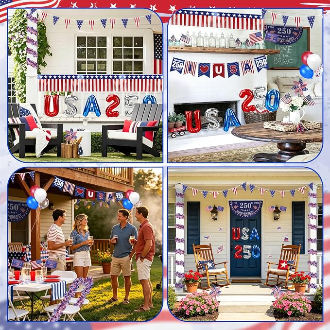 Tryly 4th of July Golf Cart Decorations Kit, 250th Patriotic Parade Golf Cart Decor – 250th Banner, Fan Flags, Foil Fringe Garland, Pinwheels and More with 1776-2026 for Independence Day Memorial Day