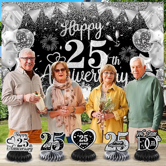 25th Wedding Anniversary Decorations Black Silver Happy 25th Anniversary Banner Backdrop Honeycomb Centerpiece Hanging Swirls Pom Poms for 25 Years Silver Wedding Party Decorations Supplies