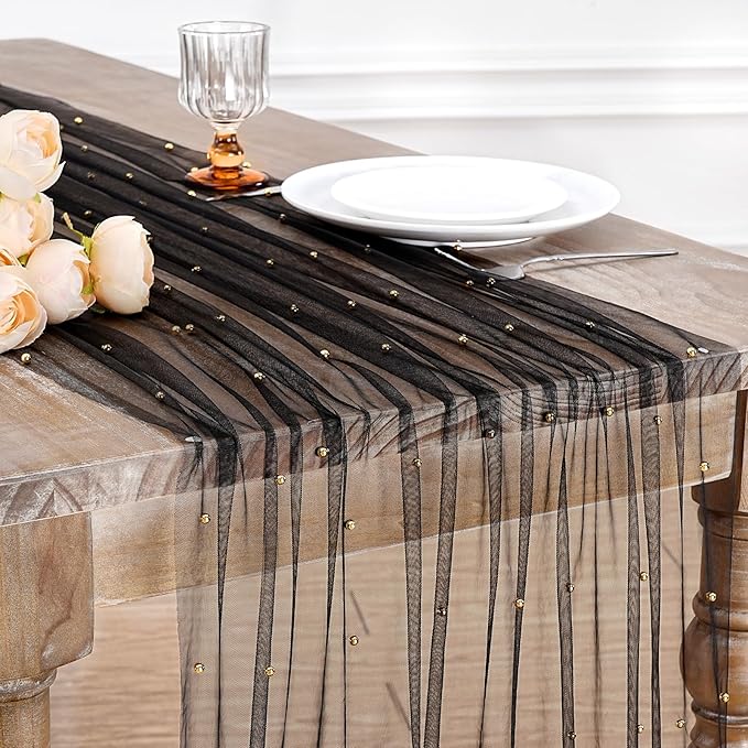 Pearl Gauze Tulle Table Runner: Black 120 Inch 10FT Seasonal Sheer Dining Holiday Wedding Birthday Baby Shower Table Decor for Home Party Indoor Outdoor