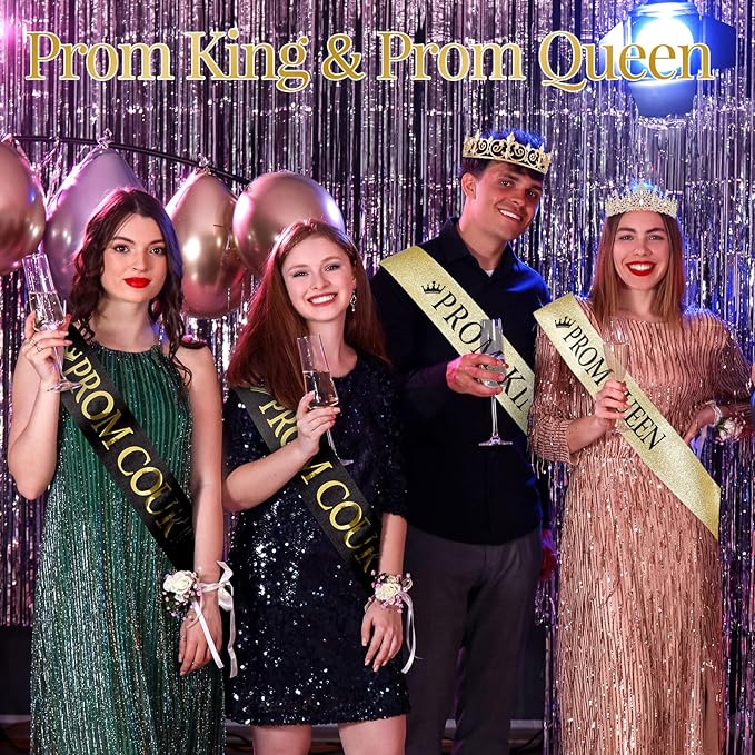 Saintrygo 12 Pcs Prom Crown and Sash Set, Prom King and Queen Tiara Rhinestone Crown Glitter Court Royal Satin Sash for 2026 Graduation Ball Dance Night Party Birthday Accessory(Gold,Classic)