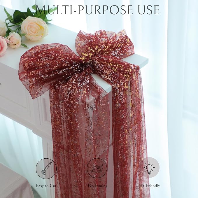 Snowkingdom Burgundy Gold Gauze Table Runner 10 Ft, Glitter Sheer Metallic Foil Sparkly Table Decor Centerpiece for Wedding, Party, Bridal Shower, Banquet, Elegant Dinner Anniversary Holiday Birthday