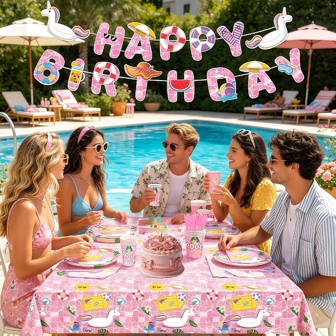 159Pcs Pink Pool Happy Birthday Summer Themed Party Decorations, Plates Napkins Cups Tableware, Swim Pool Tube Backdrop Tablecloth, Happy Birthday Banner, Colorful Printed Ballons for Kids Adults