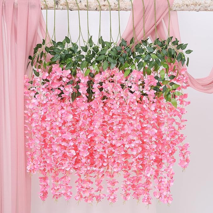 Duovlo 12 Piece Artificial Silk Wisteria Vine 3.6 Feet Ratta Hanging Flower Garland String Home Party Wedding Decor (Dark Pink)