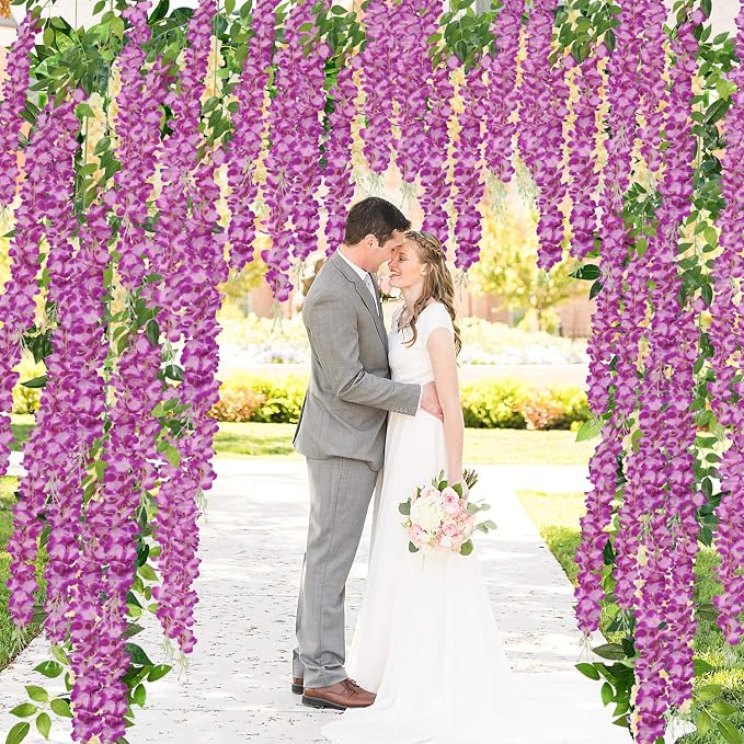 Pauwer 24 Pack Artificial Wisteria Vine Ratta Fake Wisteria Hanging Flower Garland Silk Long Hanging Wisteria Flowers String Home Party Wedding Decor, Fuchsia