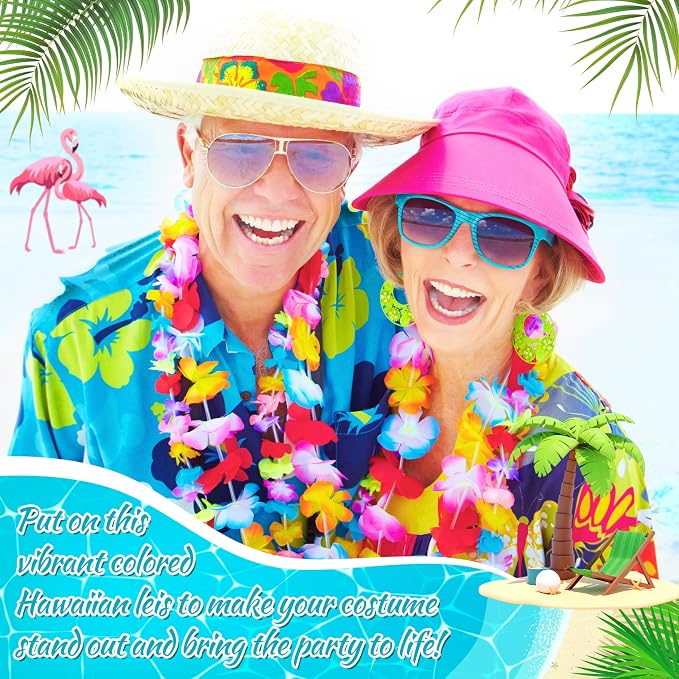 120 Packs Hawaiian Luau Leis Bulk Tropical Hawaii Theme Silk Flower Necklace Summer Beach Party Decorations Birthday Party Favors