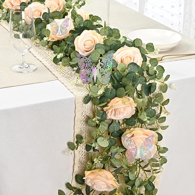 Yastouay 6.07 Ft Fuller Flower Garland with 3D Butterfly, Artificial Eucalyptus Garland with Champagne Flowers Fake Rose Vine for Table Centerpiece Wedding Baby Shower Party Room Backdrop Decor