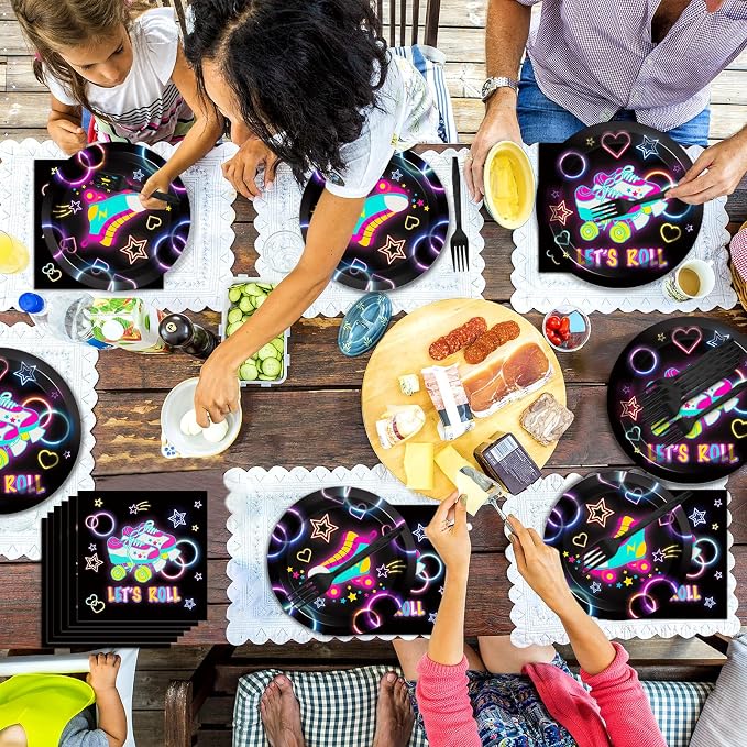 50 Guests Roller Skating Plates and Napkins Party Supplies Retro Roller Skate Party Decorations Disposable Tableware Set Let's Roll Dinnerware Favor for Boys Girls Teens Birthday, 200PCS