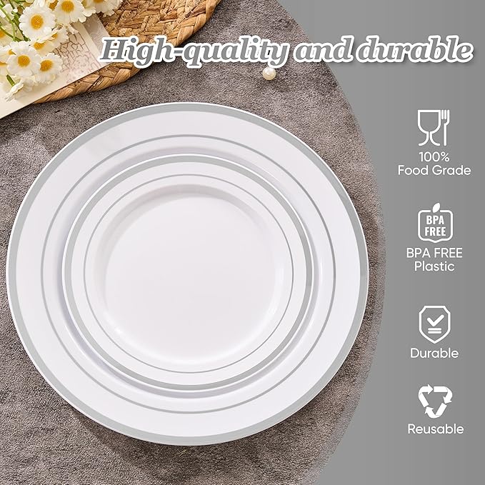 Fijinhom 100PCS Silver Plastic Plates, Disposable Plates with 50PCS 10" Dinner Plates & 50PCS 7" Dessert Plates for 50 Guests, Plastic Party Plates for Wedding, Birthday, Silver