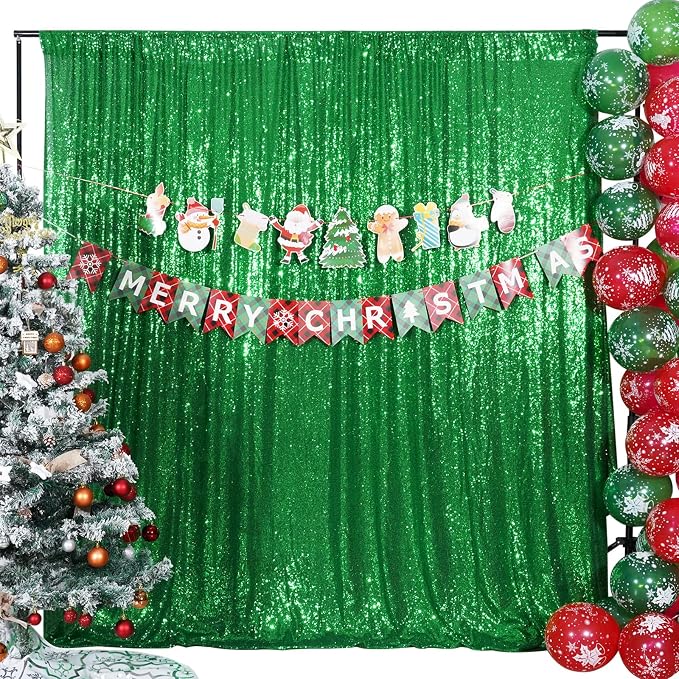 Poise3EHome Green Sequin Backdrop Curtain, 10Ft x 10Ft Green Glitter Backdrop Curtains, Sequence Xmas Thanksgiving Backdrop Drapes for Wedding Party Festival Decor